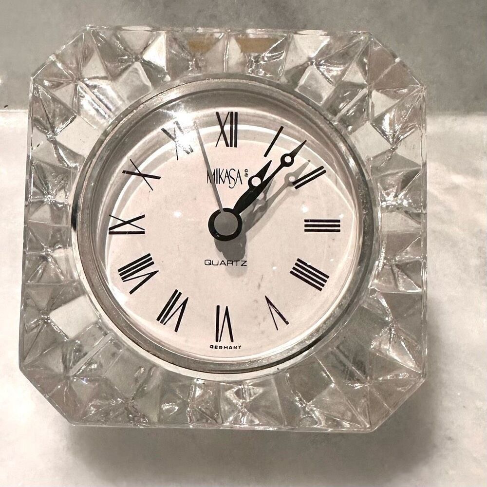 Vintage Mikasa Quartz Clear Crystal Clock 4” x 4” x 3”